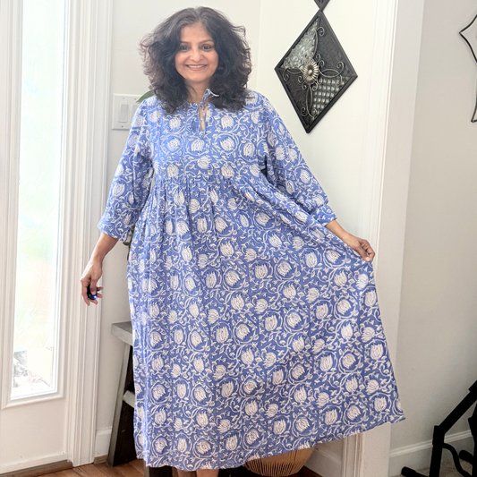 Blue Floral Block Print Cotton Midi Dress - Boho Summer Dress