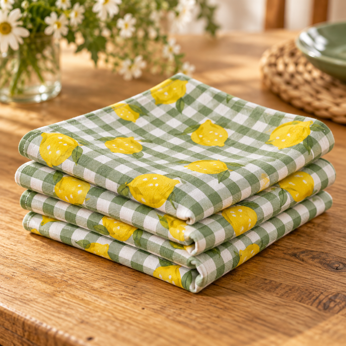Lemon Print Cotton Napkins, Green Gingham, 18x18 Inch Reusable Table Linen