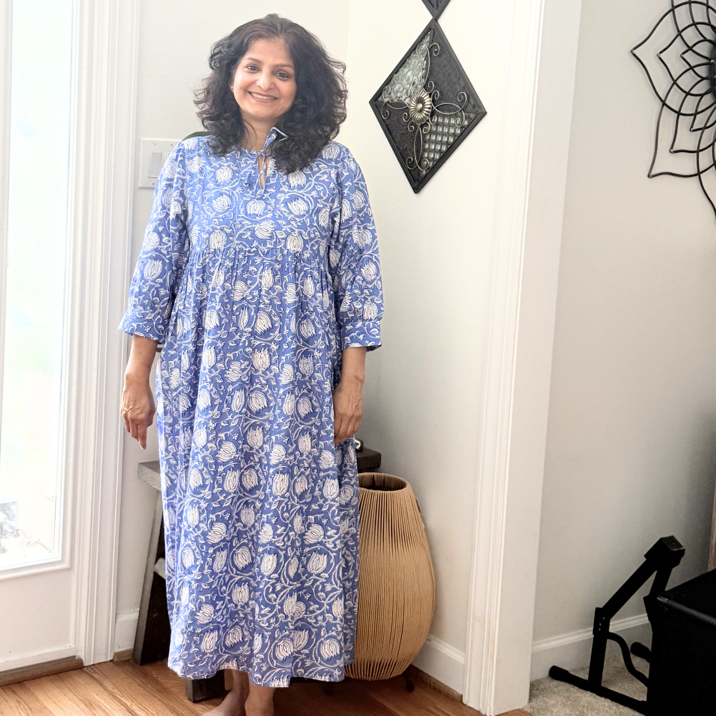 Blue Floral Block Print Cotton Midi Dress - Boho Summer Dress