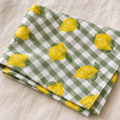Lemon Print Cotton Napkins, Green Gingham, 18x18 Inch Reusable Table Linen