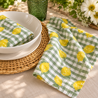 Lemon Print Cotton Napkins, Green Gingham, 18x18 Inch Reusable Table Linen