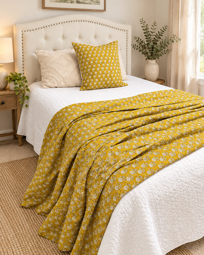 Yellow Handmade Kantha  Floral Kantha Quilt, Reversible Hand Block Print Cotton Bedspread, Indian Boho Bedding, Queen King Quilt
