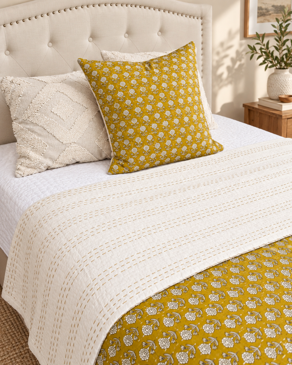 Yellow Handmade Kantha  Floral Kantha Quilt, Reversible Hand Block Print Cotton Bedspread, Indian Boho Bedding, Queen King Quilt