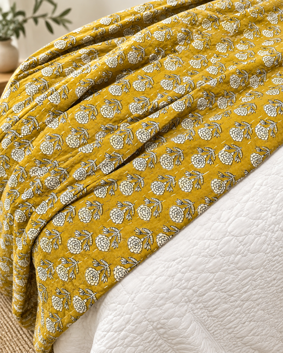 Yellow Handmade Kantha  Floral Kantha Quilt, Reversible Hand Block Print Cotton Bedspread, Indian Boho Bedding, Queen King Quilt