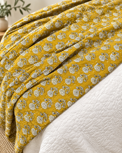 Yellow Handmade Kantha  Floral Kantha Quilt, Reversible Hand Block Print Cotton Bedspread, Indian Boho Bedding, Queen King Quilt