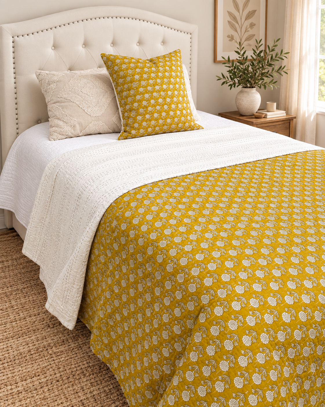 Yellow Handmade Kantha  Floral Kantha Quilt, Reversible Hand Block Print Cotton Bedspread, Indian Boho Bedding, Queen King Quilt