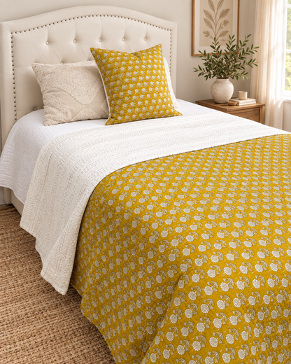 Yellow Handmade Kantha  Floral Kantha Quilt, Reversible Hand Block Print Cotton Bedspread, Indian Boho Bedding, Queen King Quilt