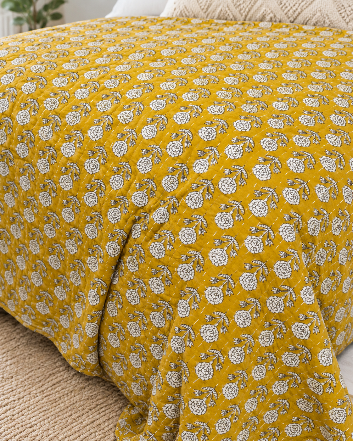 Yellow Handmade Kantha  Floral Kantha Quilt, Reversible Hand Block Print Cotton Bedspread, Indian Boho Bedding, Queen King Quilt