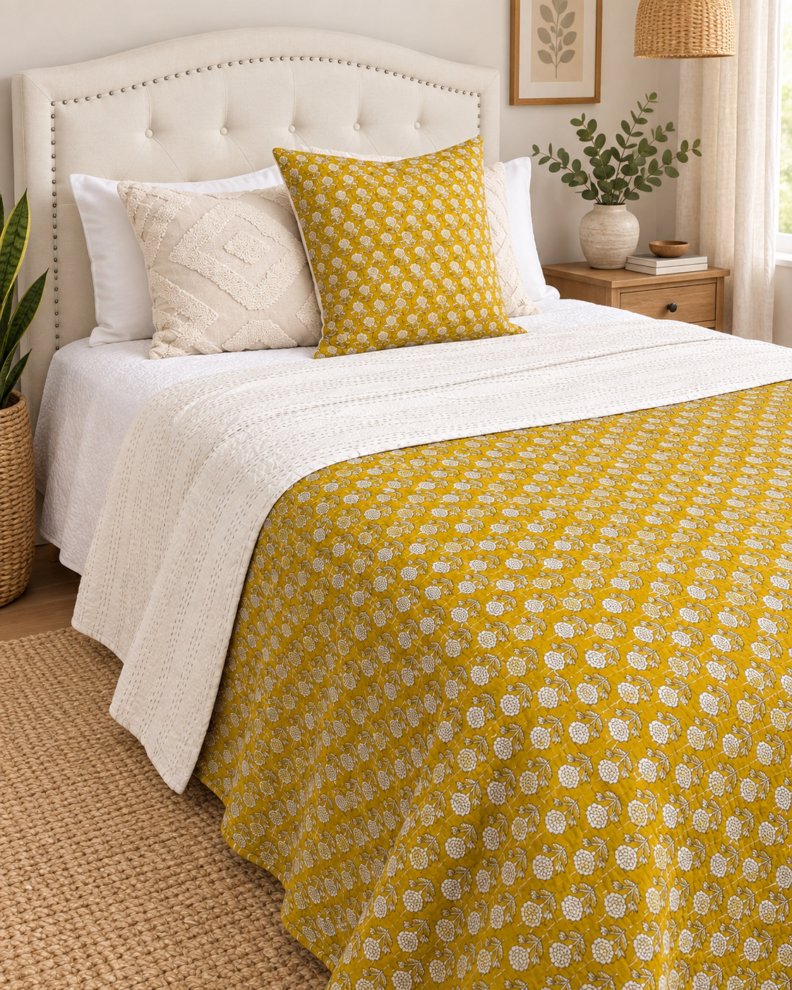 Yellow Handmade Kantha  Floral Kantha Quilt, Reversible Hand Block Print Cotton Bedspread, Indian Boho Bedding, Queen King Quilt