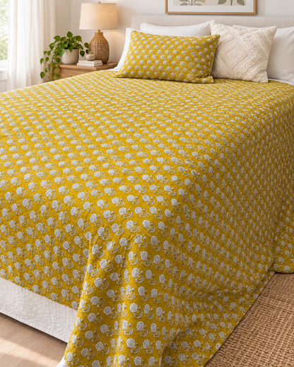 Yellow Handmade Kantha  Floral Kantha Quilt, Reversible Hand Block Print Cotton Bedspread, Indian Boho Bedding, Queen King Quilt