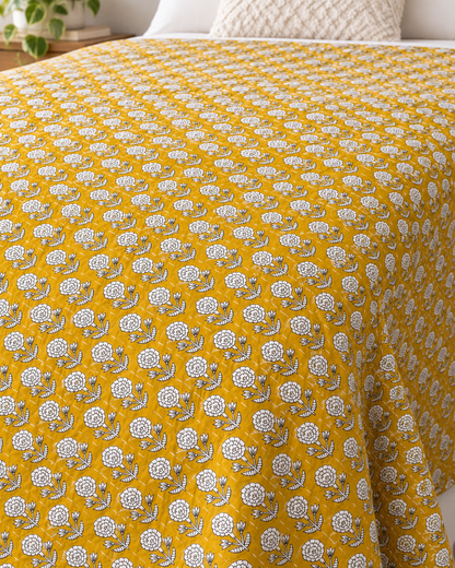 Yellow Handmade Kantha  Floral Kantha Quilt, Reversible Hand Block Print Cotton Bedspread, Indian Boho Bedding, Queen King Quilt