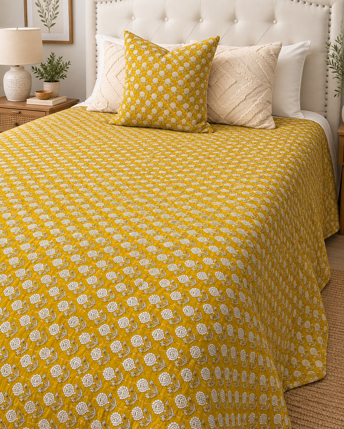 Yellow Handmade Kantha  Floral Kantha Quilt, Reversible Hand Block Print Cotton Bedspread, Indian Boho Bedding, Queen King Quilt