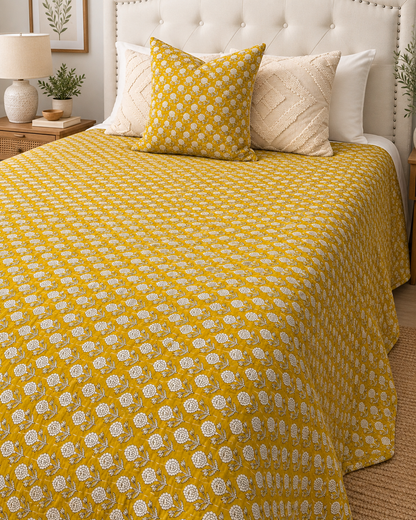 Yellow Handmade Kantha  Floral Kantha Quilt, Reversible Hand Block Print Cotton Bedspread, Indian Boho Bedding, Queen King Quilt