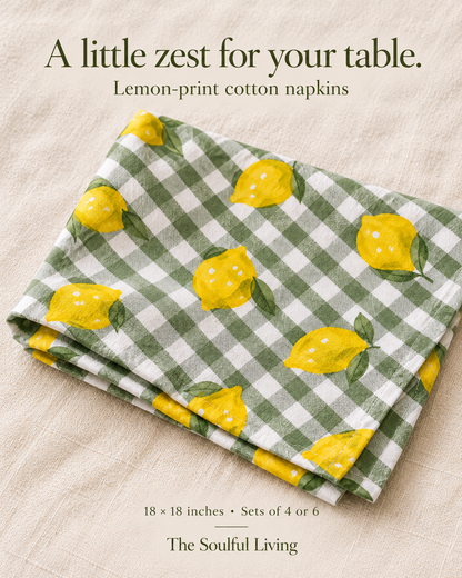 Lemon Print Cotton Napkins, Green Gingham, 18x18 Inch Reusable Table Linen