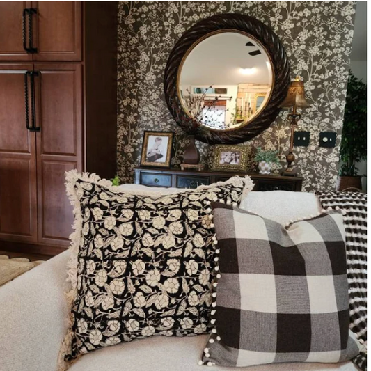 Black Floral Block Print Cotton Pillow Covers