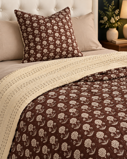Brown Floral Kantha Quilt, Reversible Hand Block Print Bedspread, Cotton Bed Cover, Indian Boho Bedding, Queen King Quilt, Handmade Throw