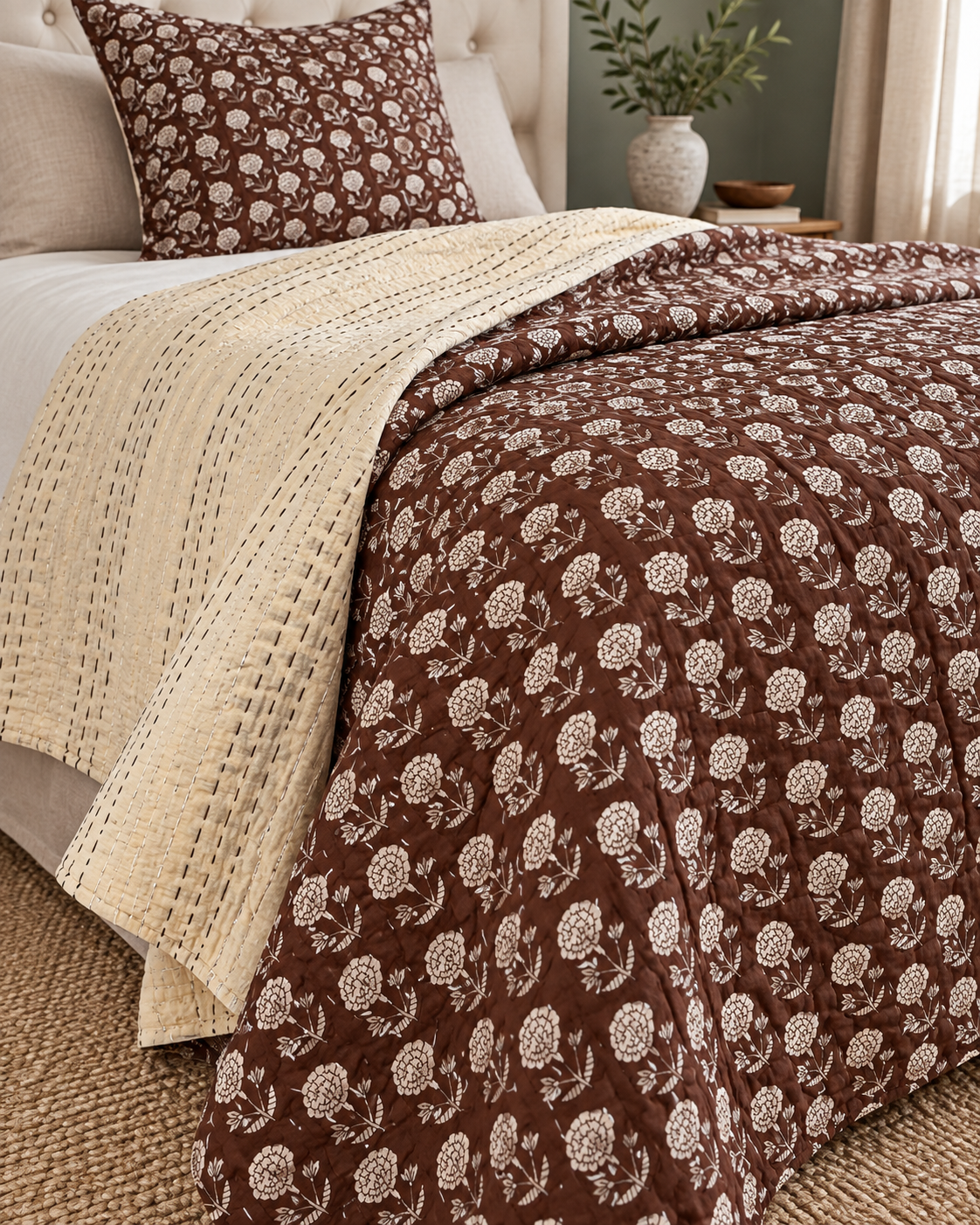 Brown Floral Kantha Quilt, Reversible Hand Block Print Bedspread, Cotton Bed Cover, Indian Boho Bedding, Queen King Quilt, Handmade Throw