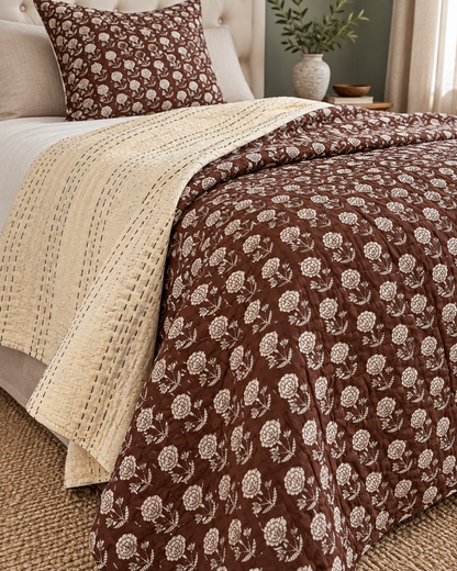 Brown Floral Kantha Quilt, Reversible Hand Block Print Bedspread, Cotton Bed Cover, Indian Boho Bedding, Queen King Quilt, Handmade Throw