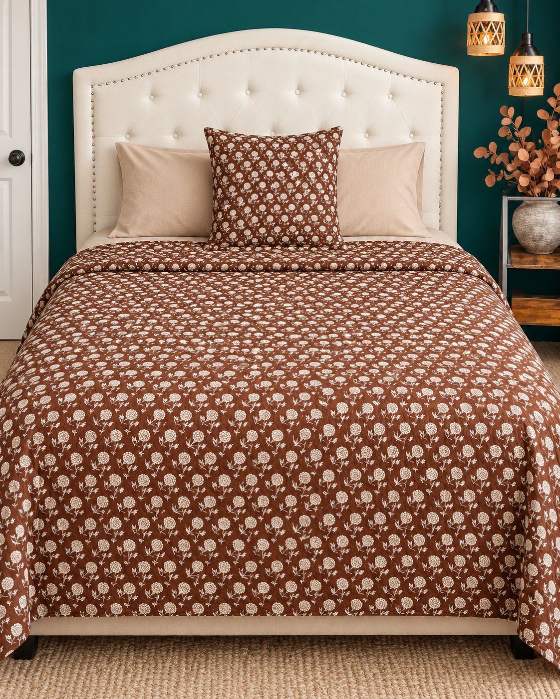 Brown Floral Kantha Quilt, Reversible Hand Block Print Bedspread, Cotton Bed Cover, Indian Boho Bedding, Queen King Quilt, Handmade Throw