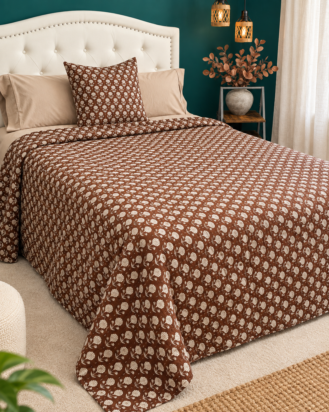 Brown Floral Kantha Quilt, Reversible Hand Block Print Bedspread, Cotton Bed Cover, Indian Boho Bedding, Queen King Quilt, Handmade Throw