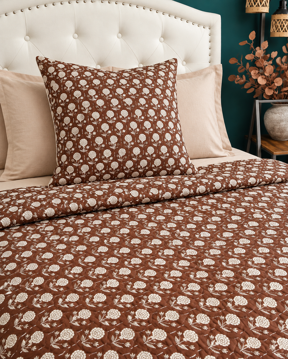 Brown Floral Kantha Quilt, Reversible Hand Block Print Bedspread, Cotton Bed Cover, Indian Boho Bedding, Queen King Quilt, Handmade Throw