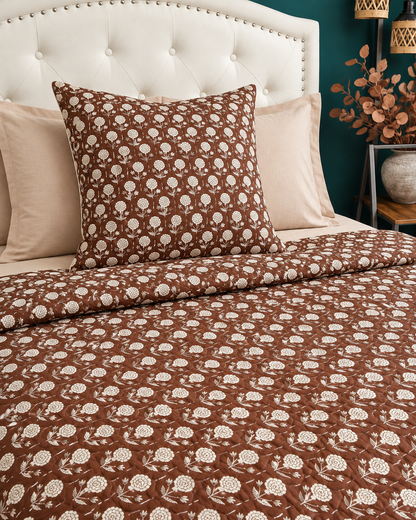 Brown Floral Kantha Quilt, Reversible Hand Block Print Bedspread, Cotton Bed Cover, Indian Boho Bedding, Queen King Quilt, Handmade Throw