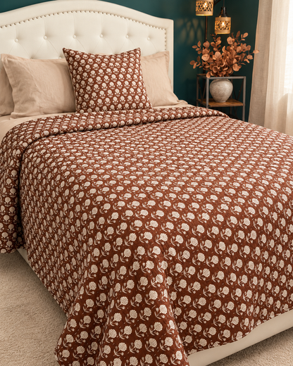 Brown Floral Kantha Quilt, Reversible Hand Block Print Bedspread, Cotton Bed Cover, Indian Boho Bedding, Queen King Quilt, Handmade Throw