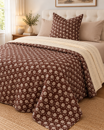 Brown Floral Kantha Quilt, Reversible Hand Block Print Bedspread, Cotton Bed Cover, Indian Boho Bedding, Queen King Quilt, Handmade Throw