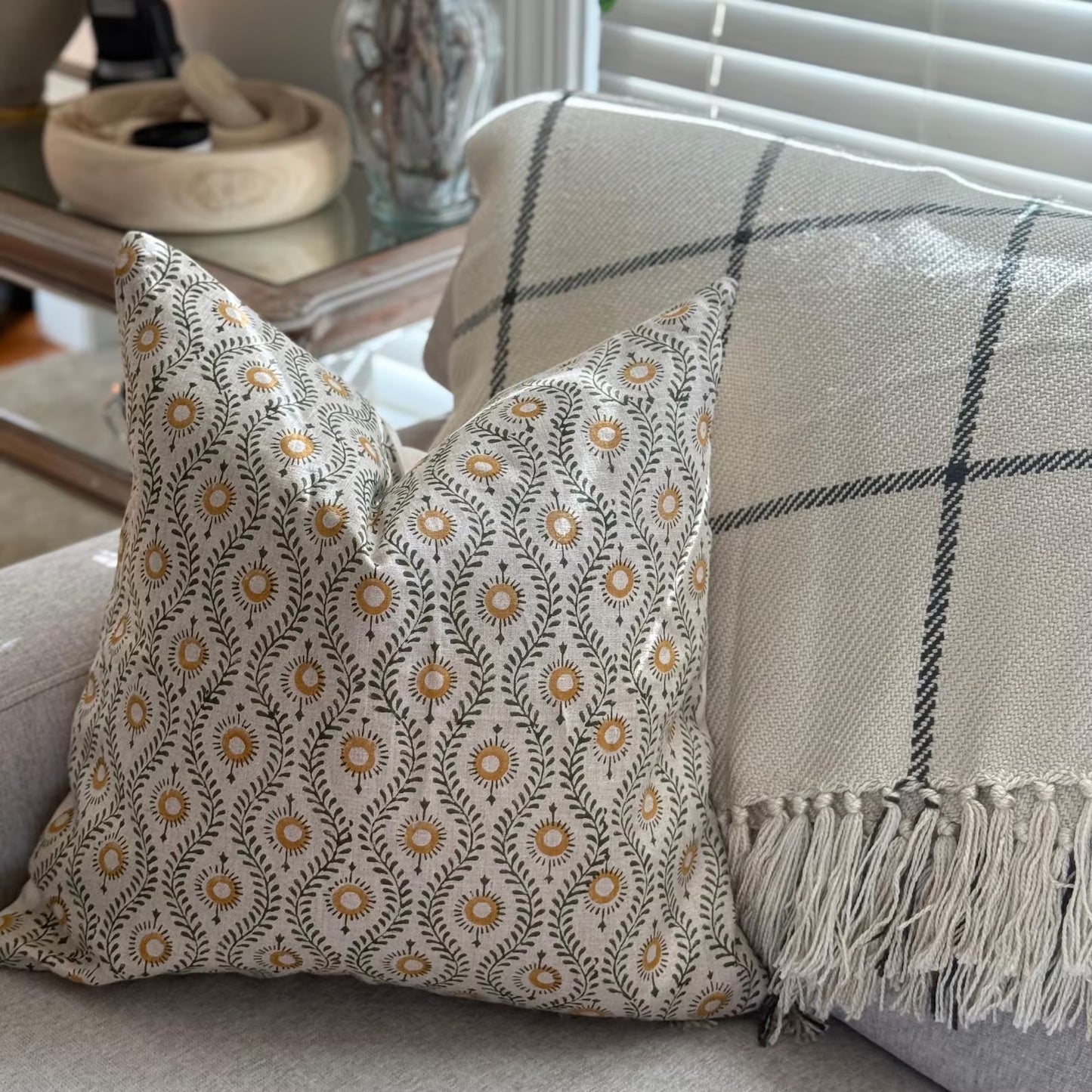 Linen Floral Block Print Pillow Cover Farmhouse /Home Decor