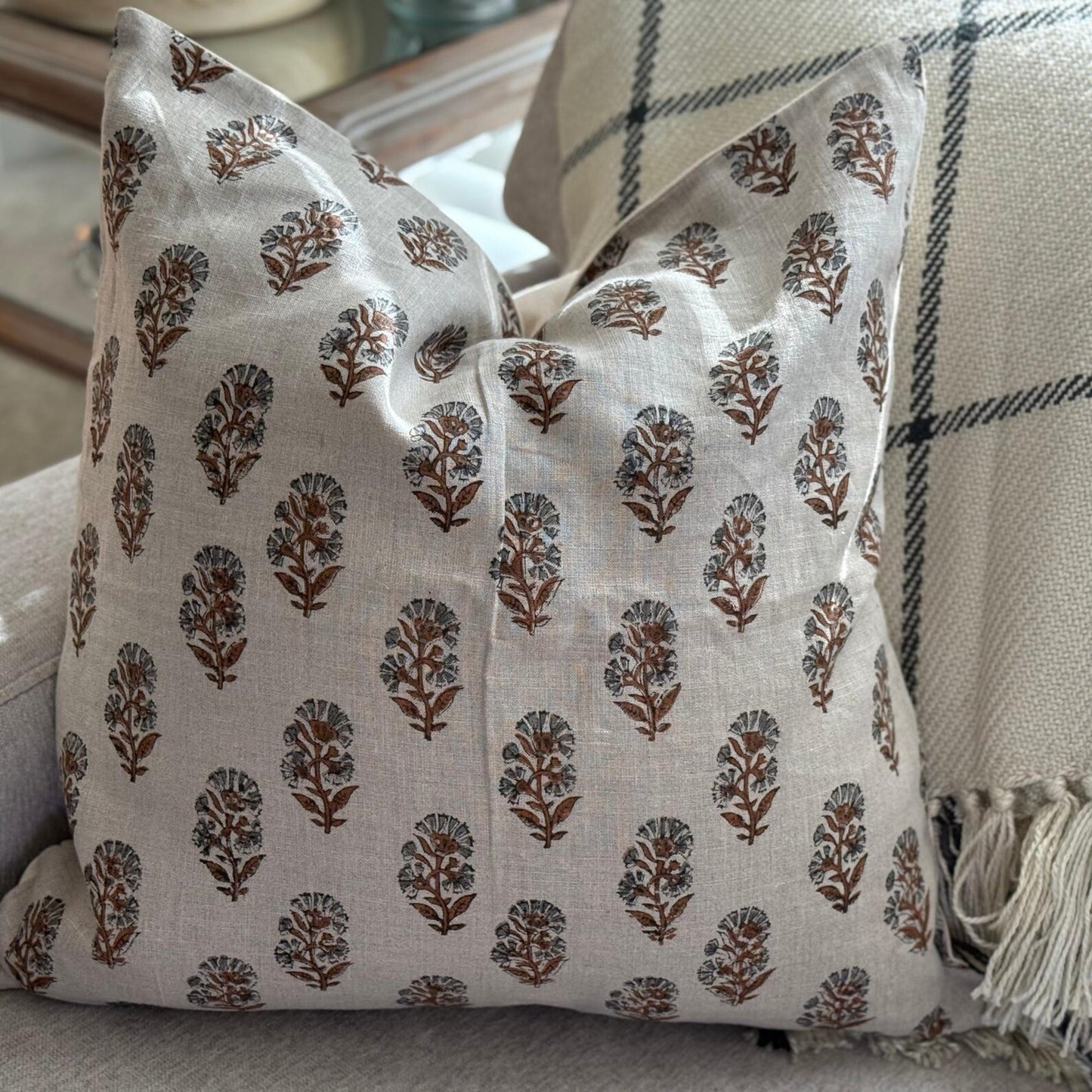 Linen Floral Block Print Pillow Cover, Farmhouse Decor