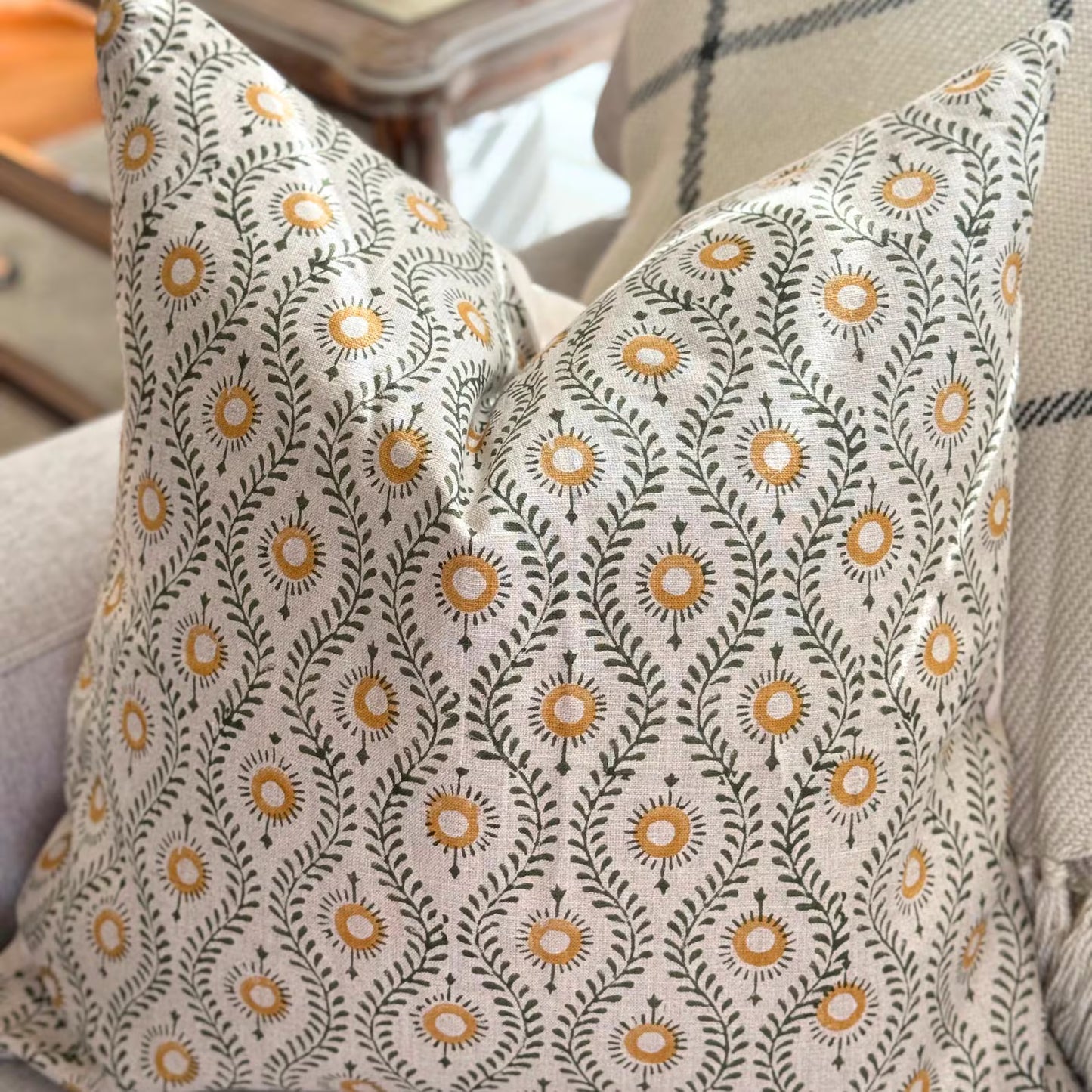 Linen Floral Block Print Pillow Cover Farmhouse /Home Decor