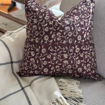Linen Floral Block Print Cotton Pillow Cover, Farmhouse Decor