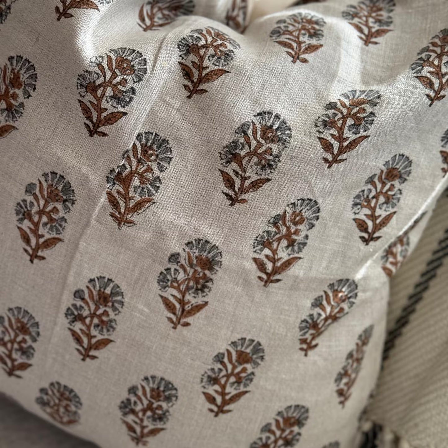 Linen Floral Block Print Pillow Cover, Farmhouse Decor