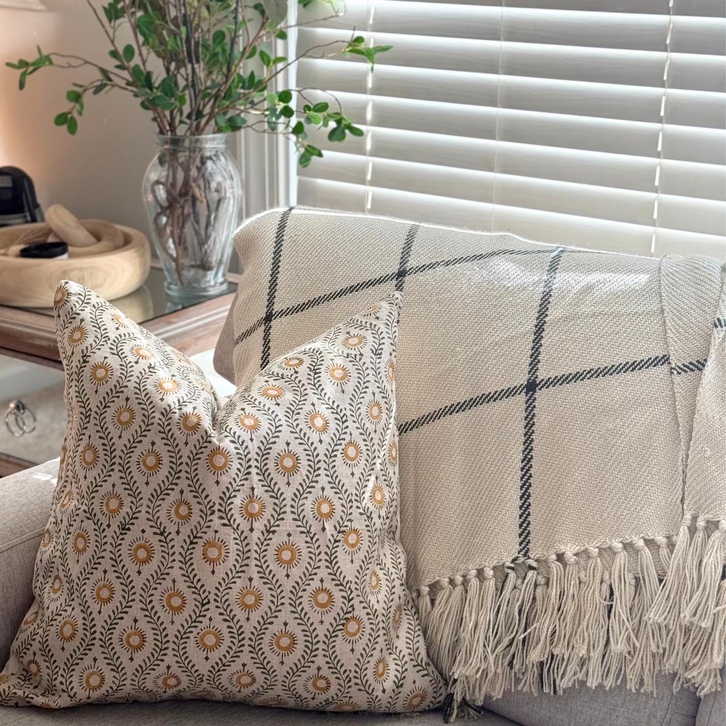 Linen Floral Block Print Pillow Cover Farmhouse /Home Decor