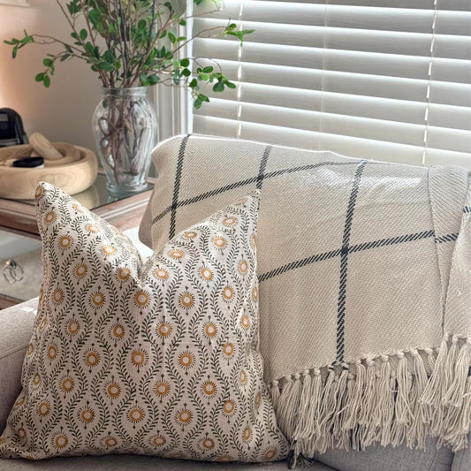 Linen Floral Block Print Pillow Cover Farmhouse /Home Decor