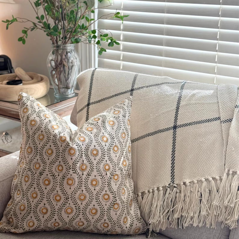 Linen Floral Block Print Pillow Cover Farmhouse /Home Decor