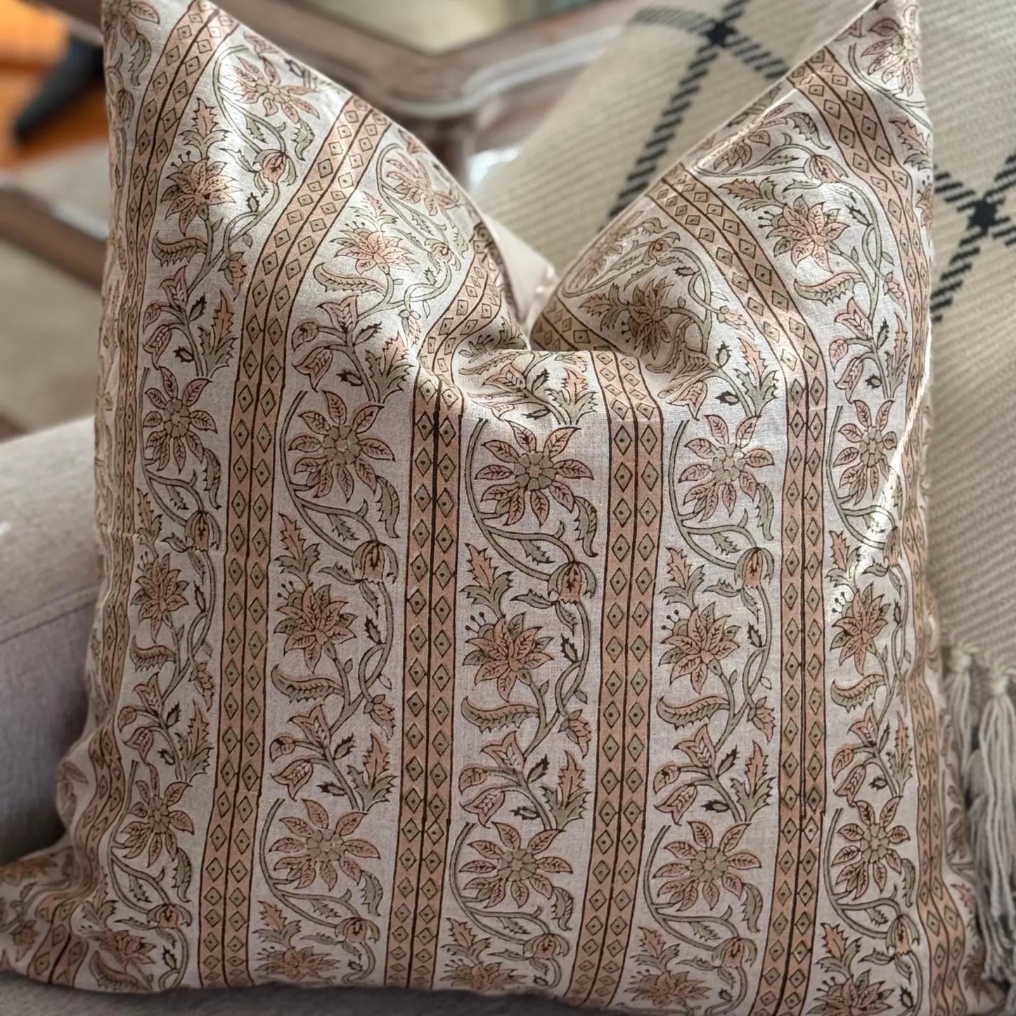 Linen Floral Hand Block Print Linen Pillow Cover, Farmhouse Decor