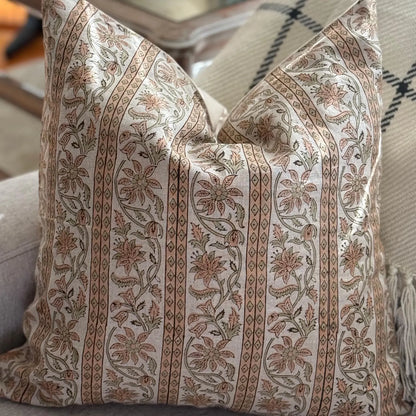 Linen Floral Hand Block Print Linen Pillow Cover, Farmhouse Decor