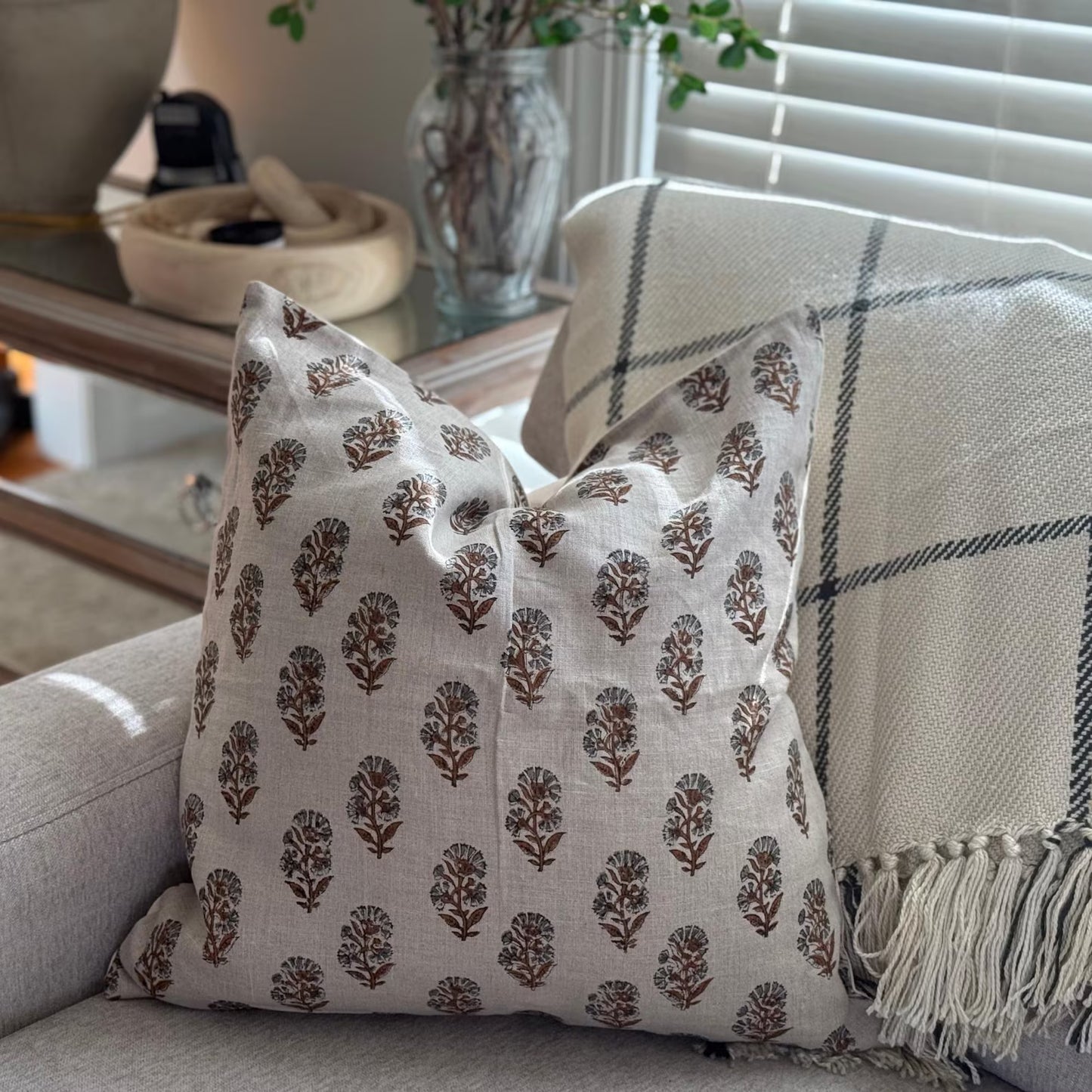 Linen Floral Block Print Pillow Cover, Farmhouse Decor