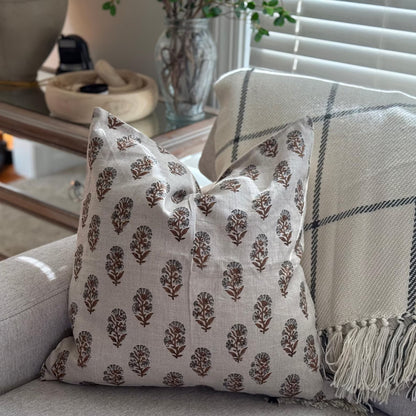 Linen Floral Block Print Pillow Cover, Farmhouse Decor
