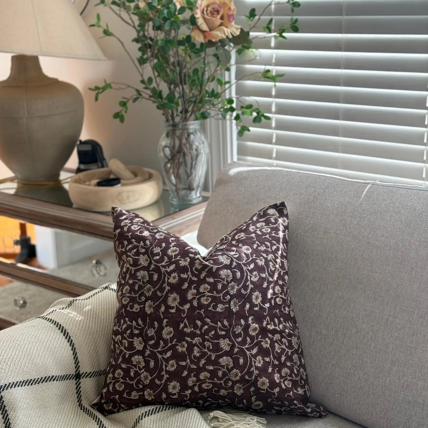 Linen Floral Block Print Cotton Pillow Cover, Farmhouse Decor