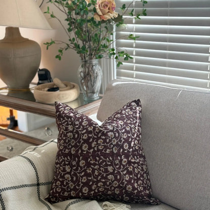 Linen Floral Block Print Cotton Pillow Cover, Farmhouse Decor