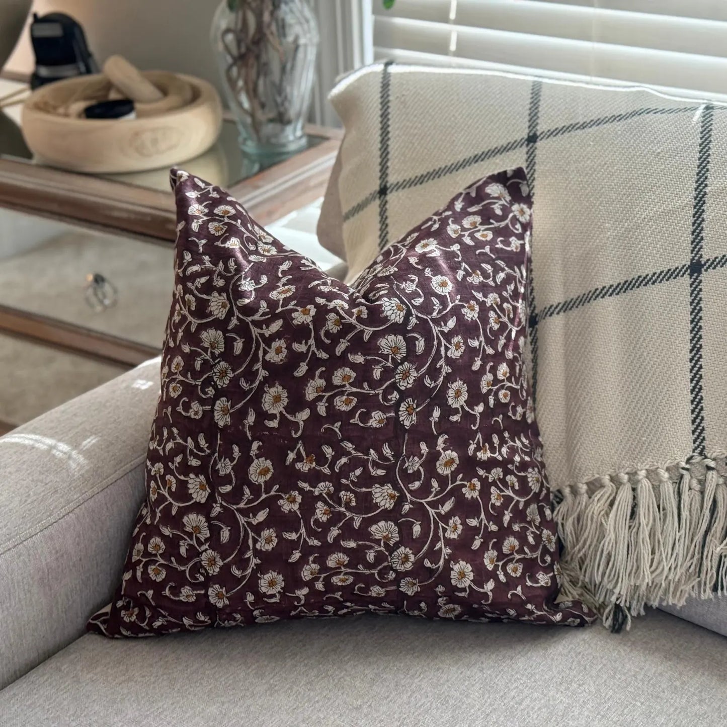 Linen Floral Block Print Cotton Pillow Cover, Farmhouse Decor