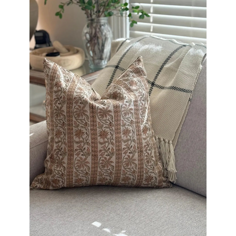 Linen Floral Hand Block Print Linen Pillow Cover, Farmhouse Decor