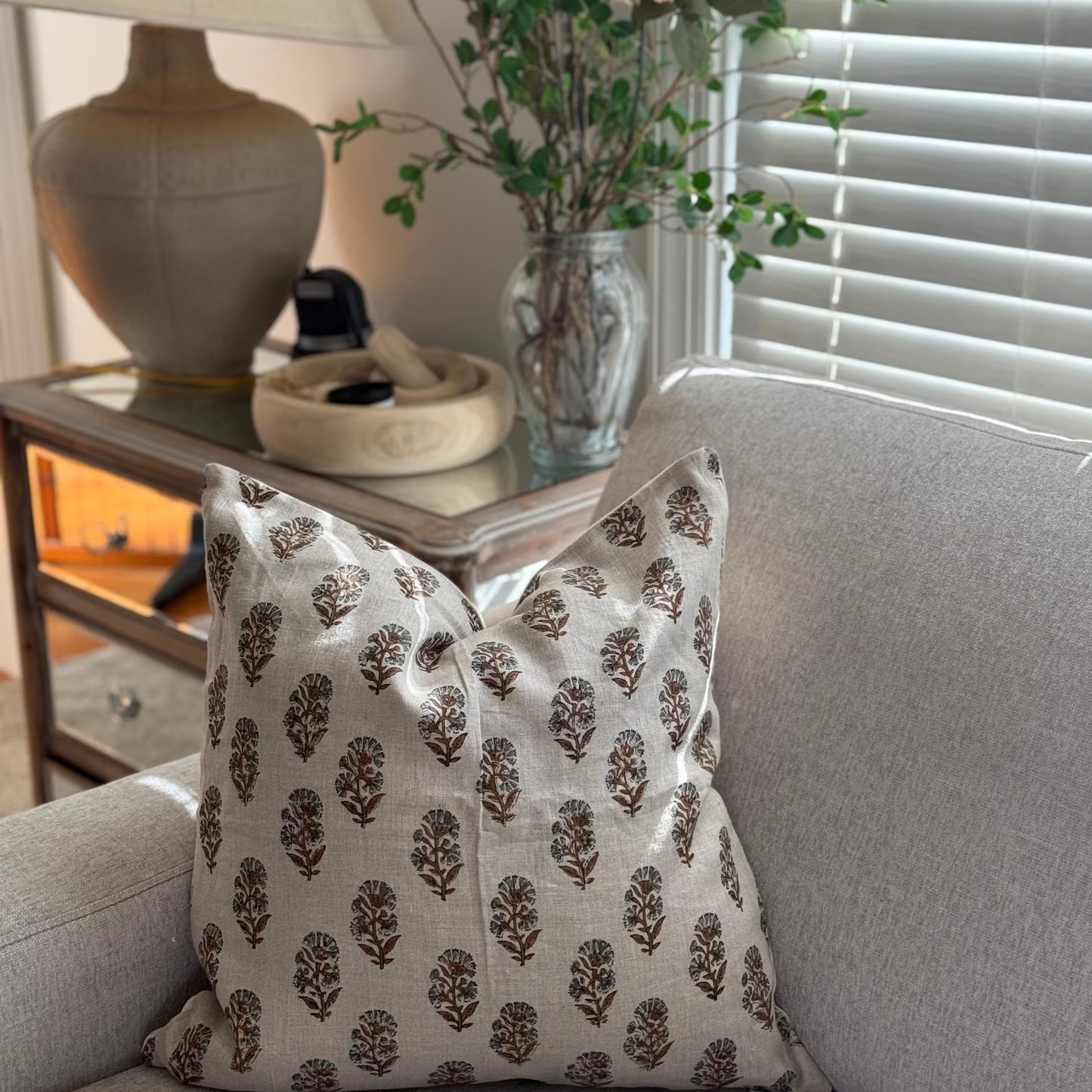 Linen Floral Block Print Pillow Cover, Farmhouse Decor