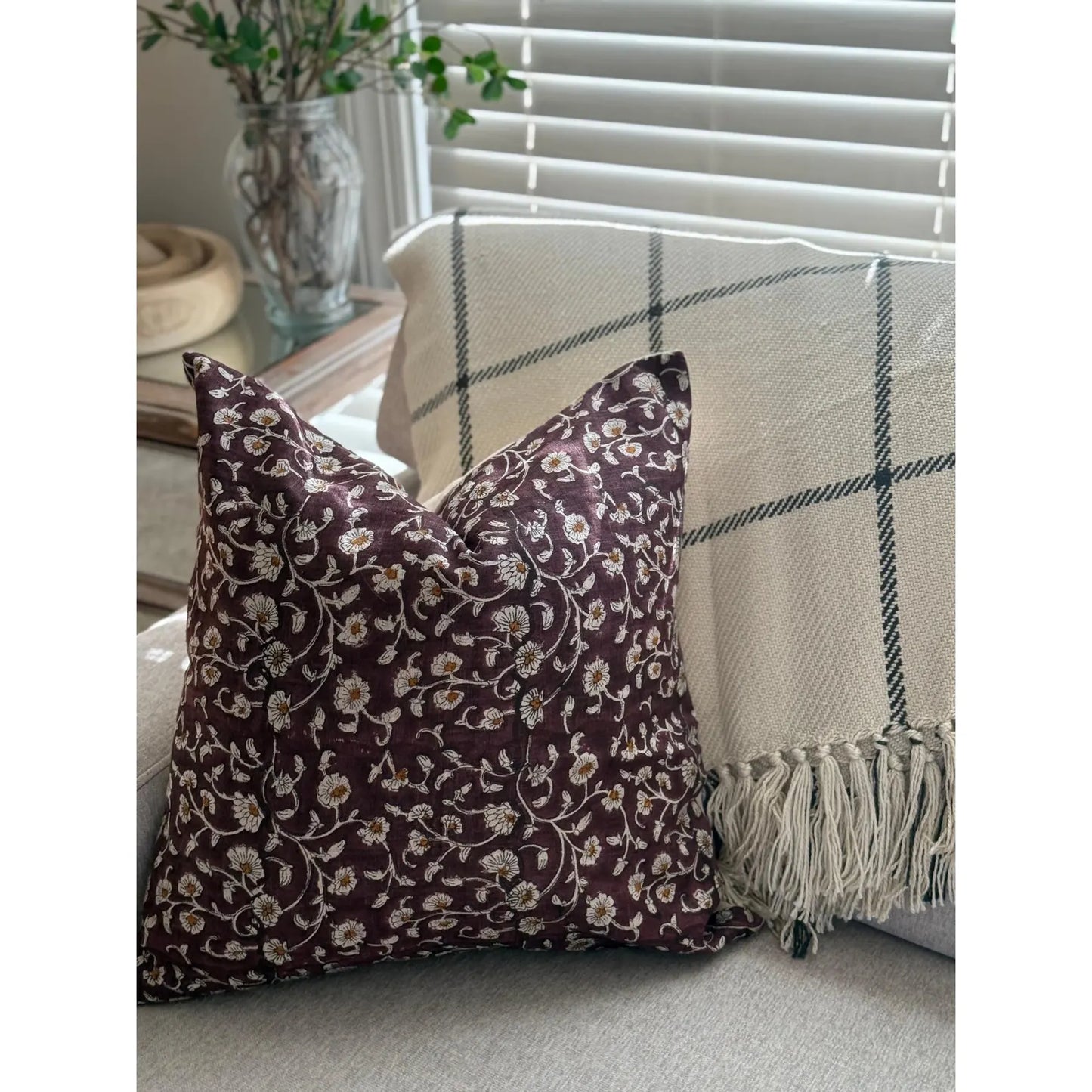 Linen Floral Block Print Cotton Pillow Cover, Farmhouse Decor