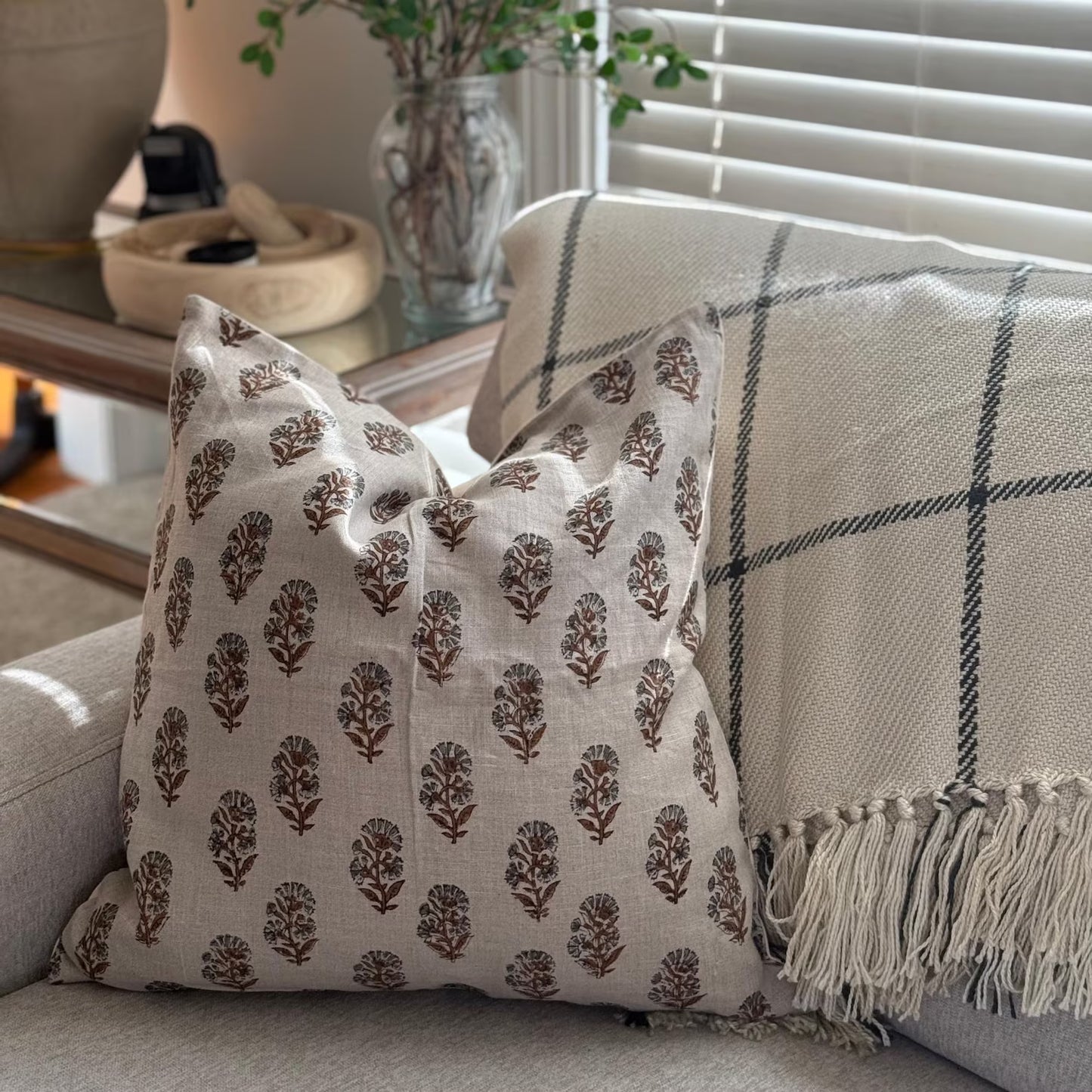 Linen Floral Block Print Pillow Cover, Farmhouse Decor