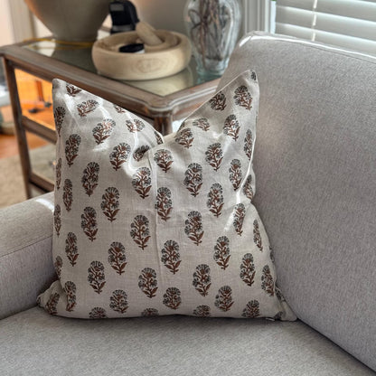 Linen Floral Block Print Pillow Cover, Farmhouse Decor