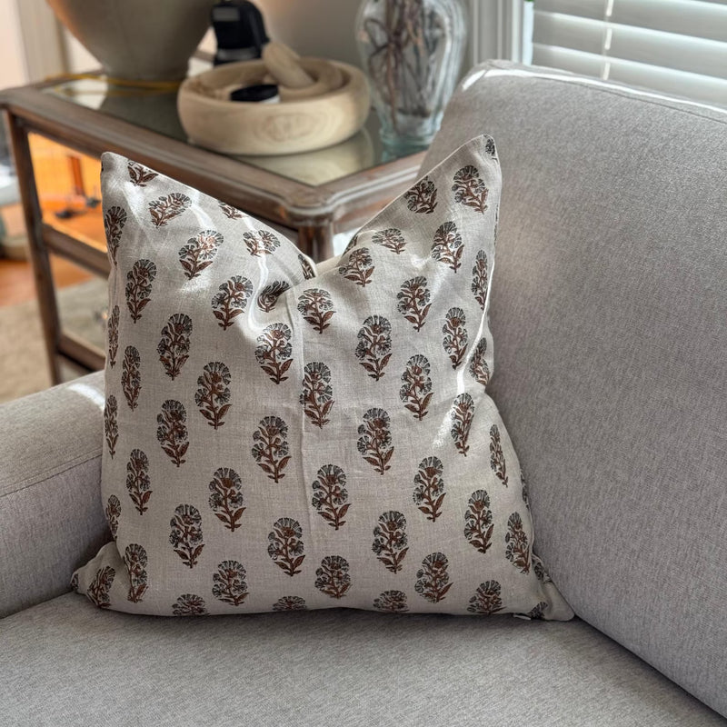 Linen Floral Block Print Pillow Cover, Farmhouse Decor