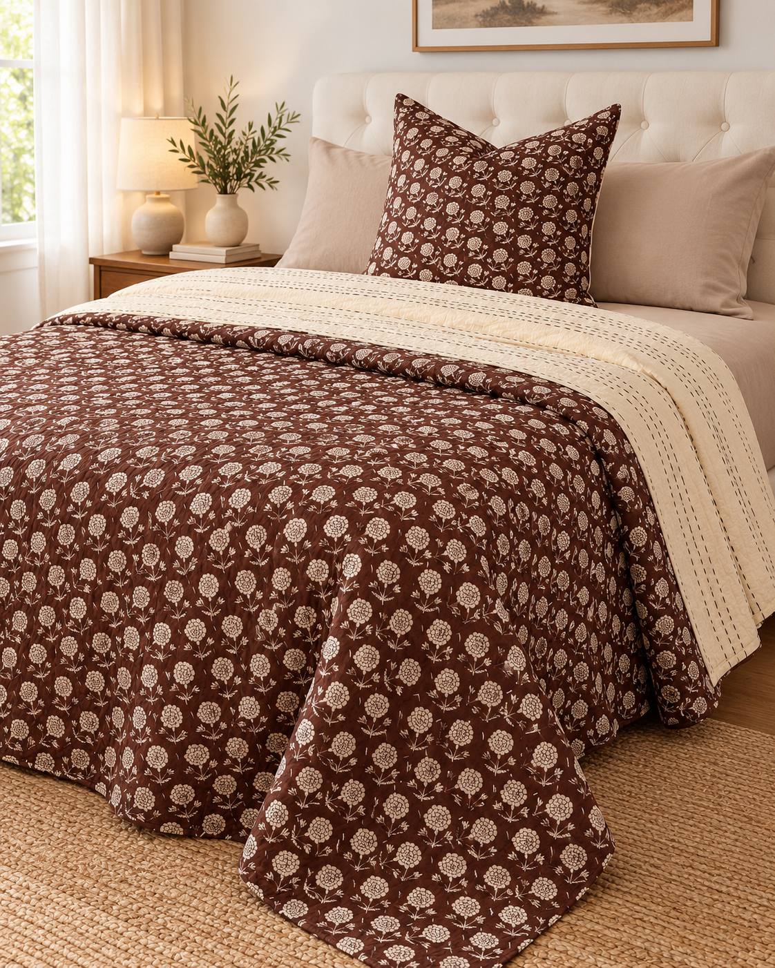 Brown Floral Kantha Quilt, Reversible Hand Block Print Bedspread, Cotton Bed Cover, Indian Boho Bedding, Queen King Quilt, Handmade Throw